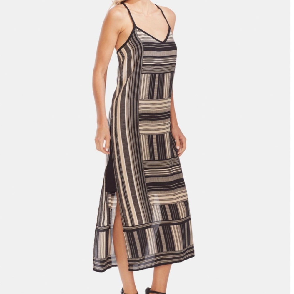 Vince Camuto Black Printed Spaghetti Strap V Neck Tea-Length Sheath Dress